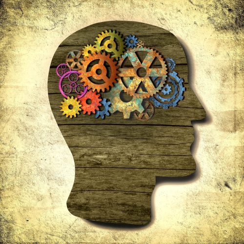 thinking person thinking fast and slow retro design with cog